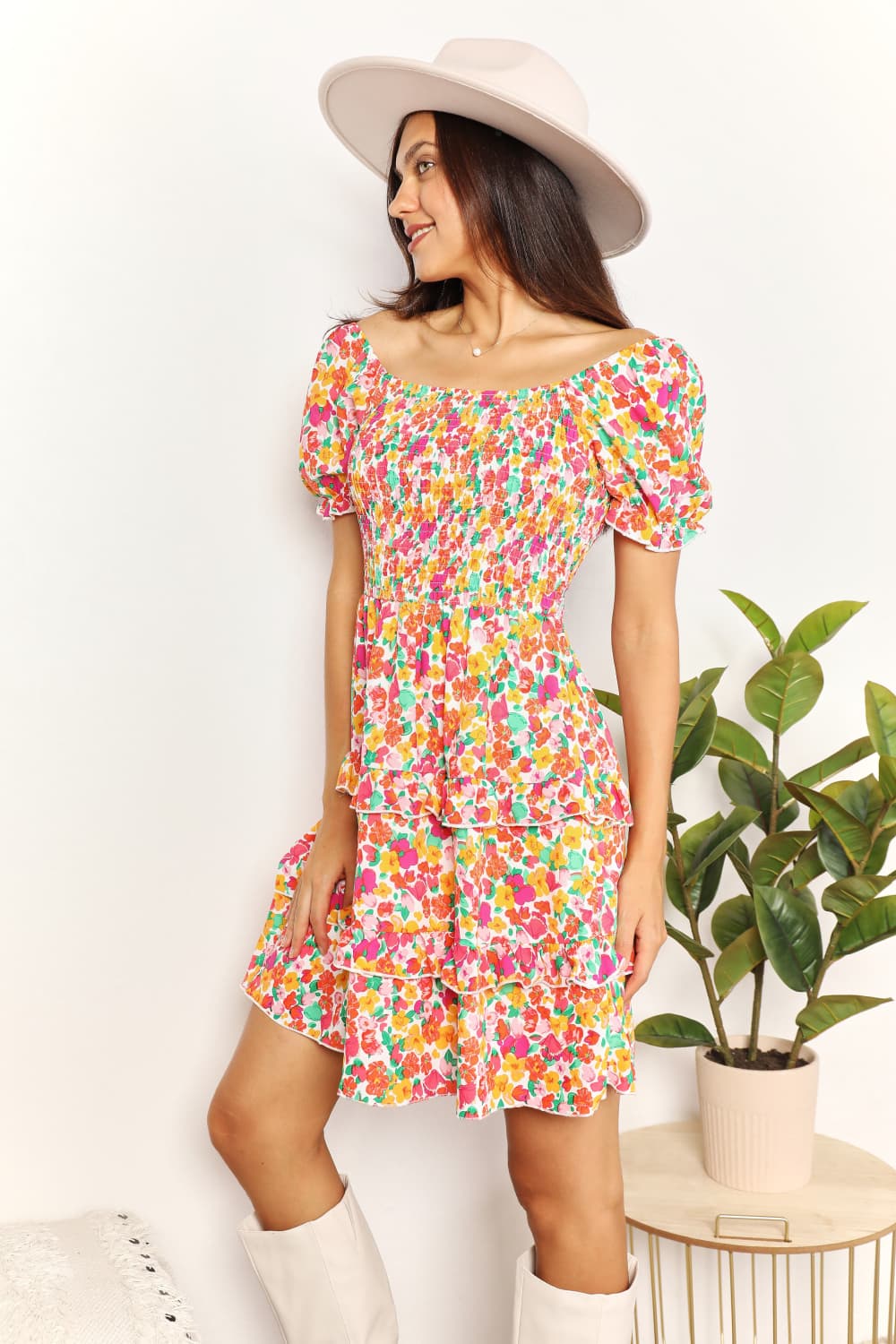 Smocked Sweetheart Neck Flounce Sleeve Mini Dress - Tigbul's Variety Fashion Shop