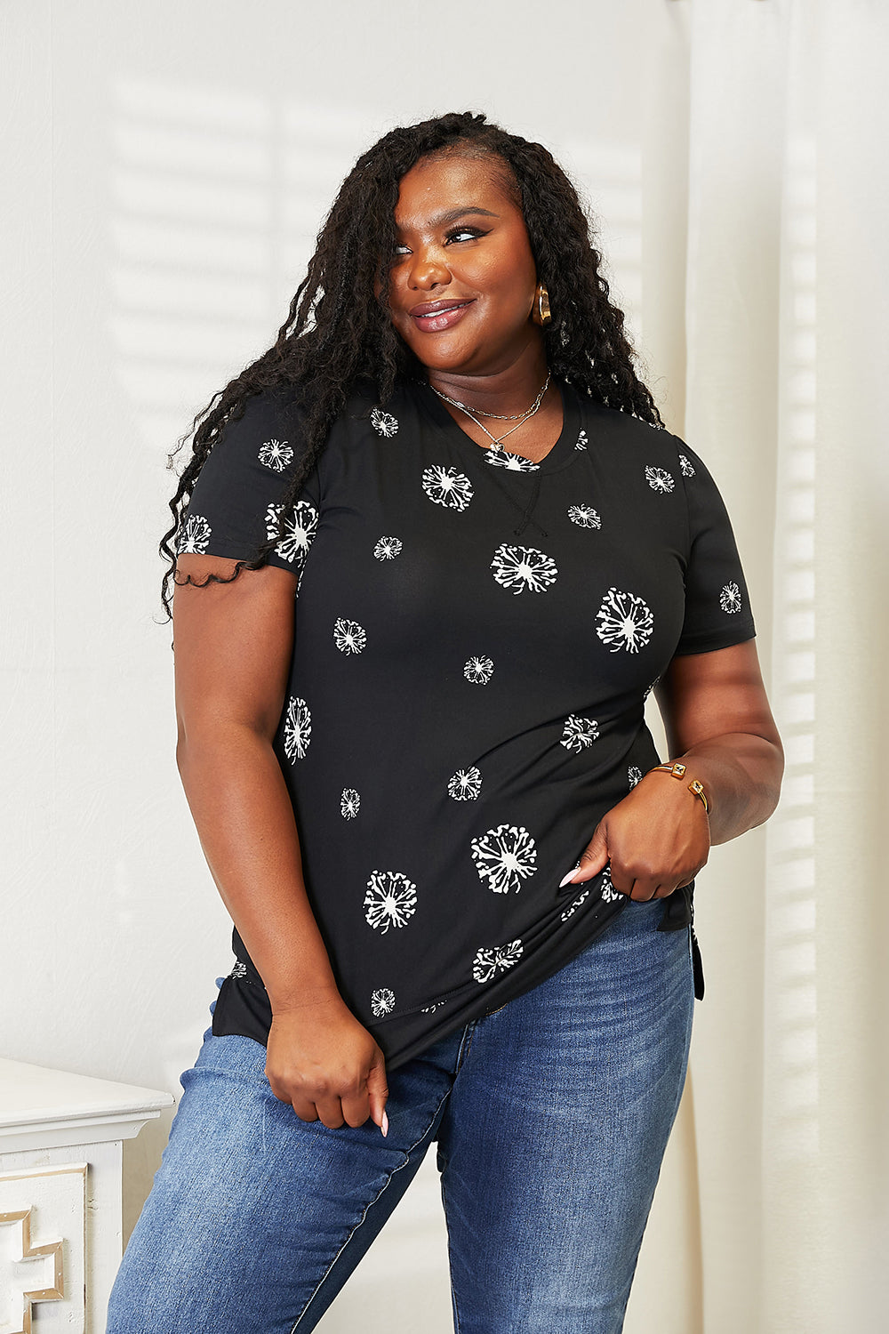 Double Take Dandelion Print Round Neck T-Shirt - Tigbuls Variety Fashion