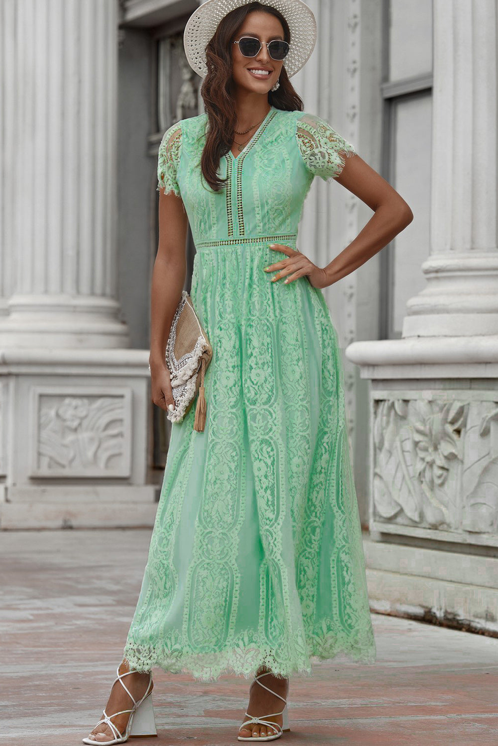 Scalloped Trim Lace Plunge Dress - Tigbul's Fashion