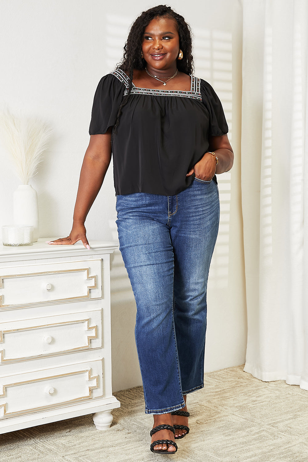 Double Take Contrast Square Neck Puff Sleeve Blouse - Tigbuls Variety Fashion