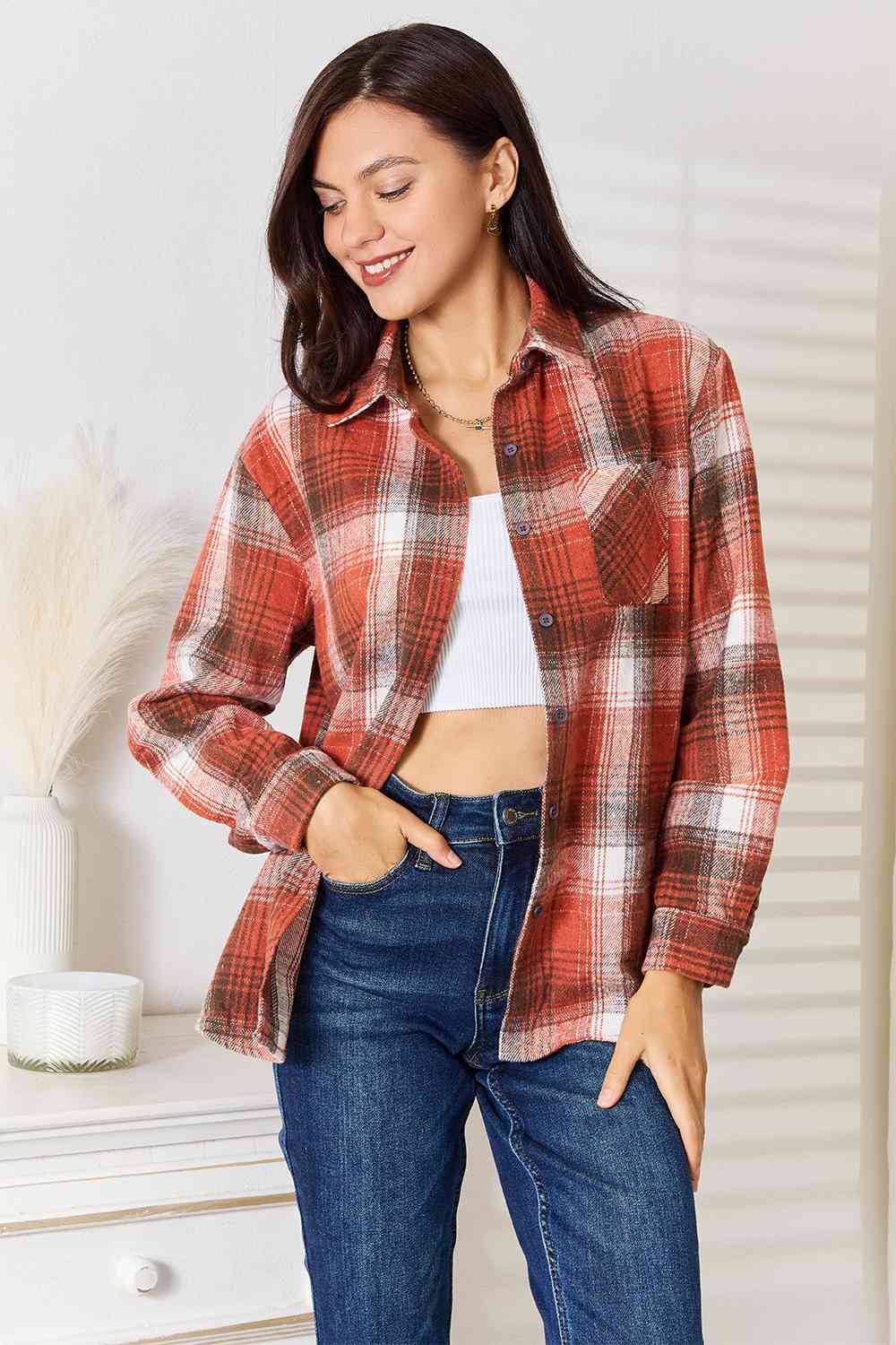 Double Take Plaid Collared Neck Long Sleeve Shirt - Tigbuls Variety Fashion