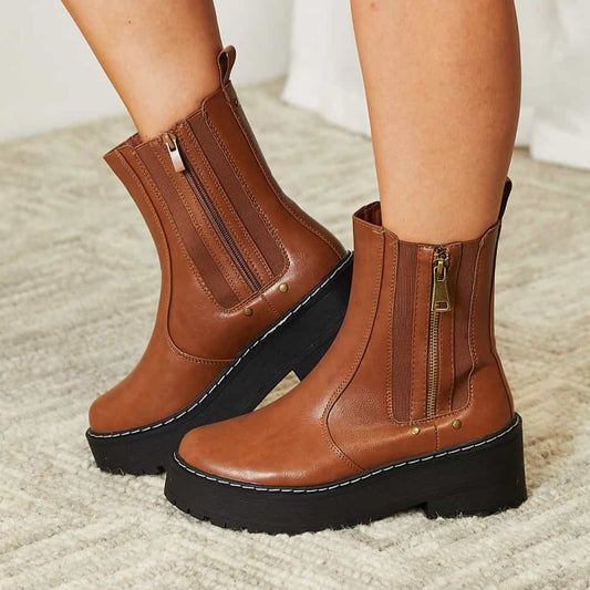Chestnut Brown Side Zip Platform Boots | Tigbuls Fashion