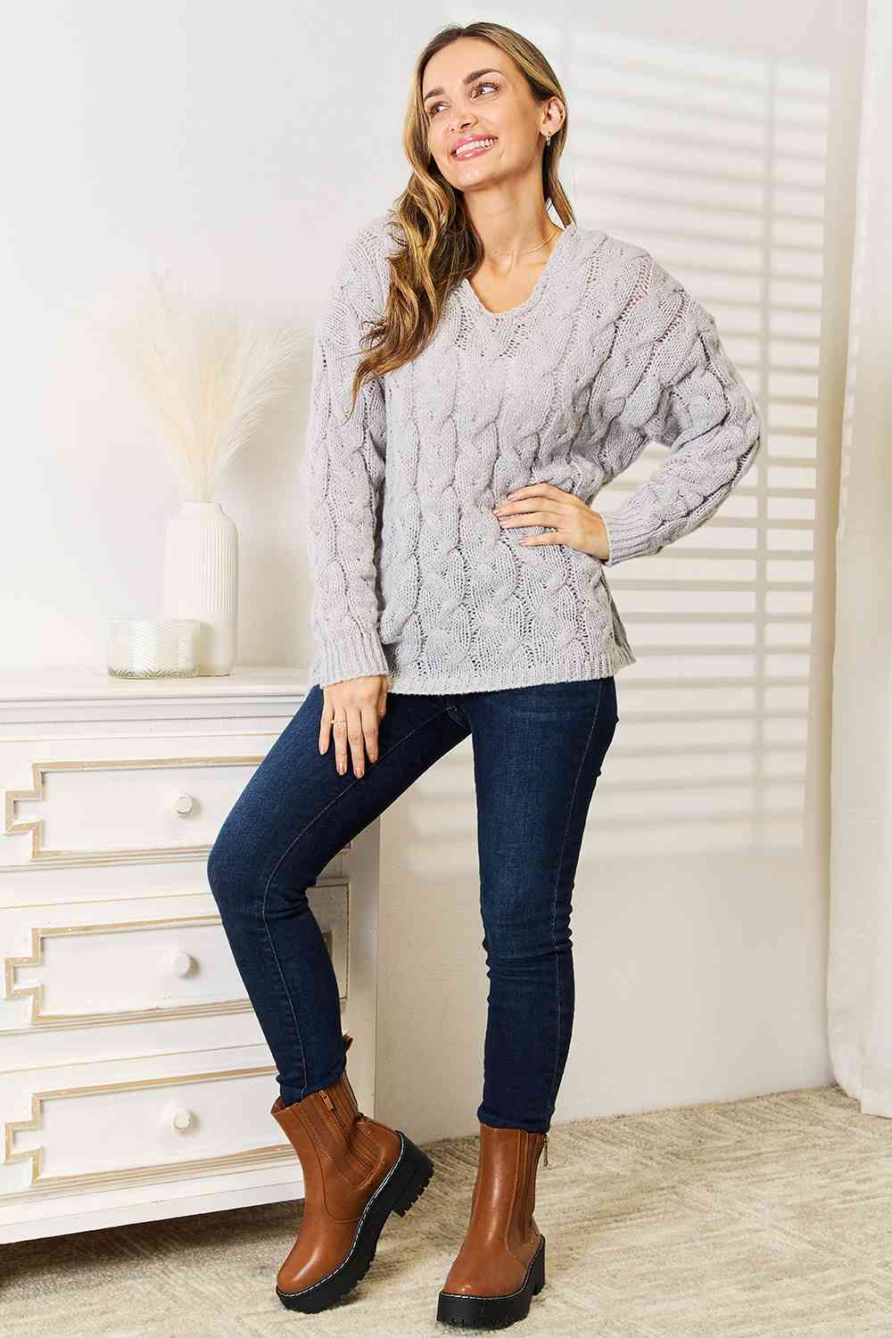 Woven Right Cable-Knit Hooded Sweater - Tigbuls Variety Fashion