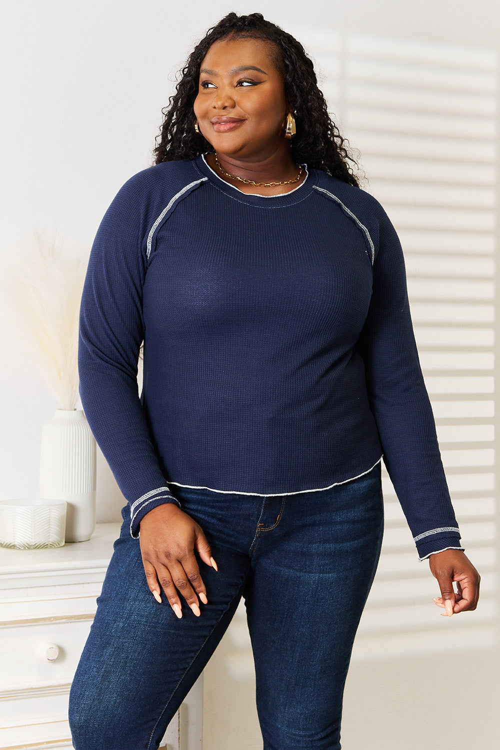 Double Take Long Raglan Sleeve Round Neck Top - Tigbuls Variety Fashion