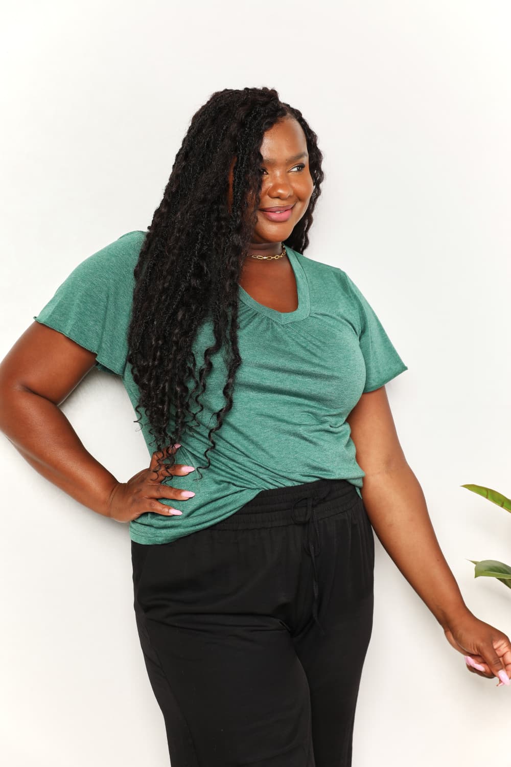 Double Take Ruched V-Neck Short Sleeve T-Shirt - Tigbuls Variety Fashion