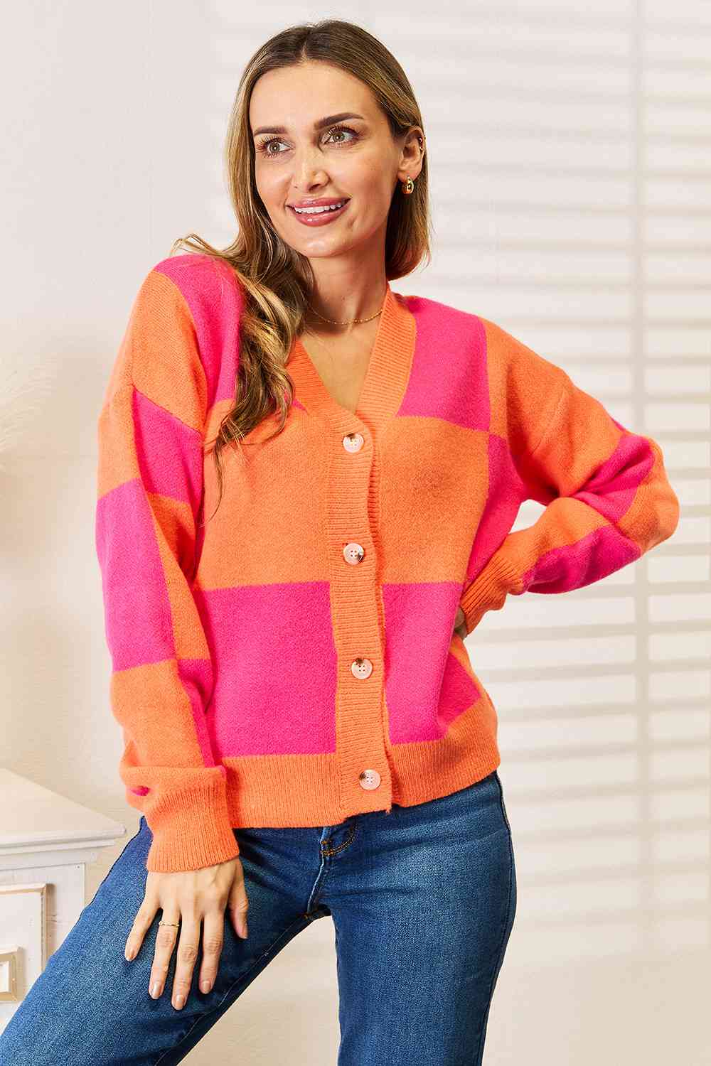 Checkered V-Neck Dropped Shoulder Cardigan - Tigbuls Variety Fashion
