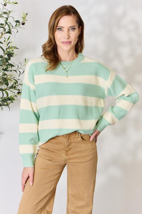 Green/Ivory Contrast Striped Round Neck Sweater - Tigbuls Variety Fashion