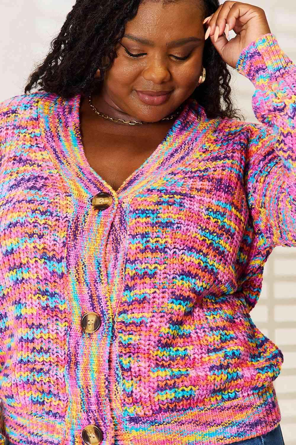 Pink Multicolor V-Neck Long Sleeve Cardigan - Tigbul's Variety Fashion Shop
