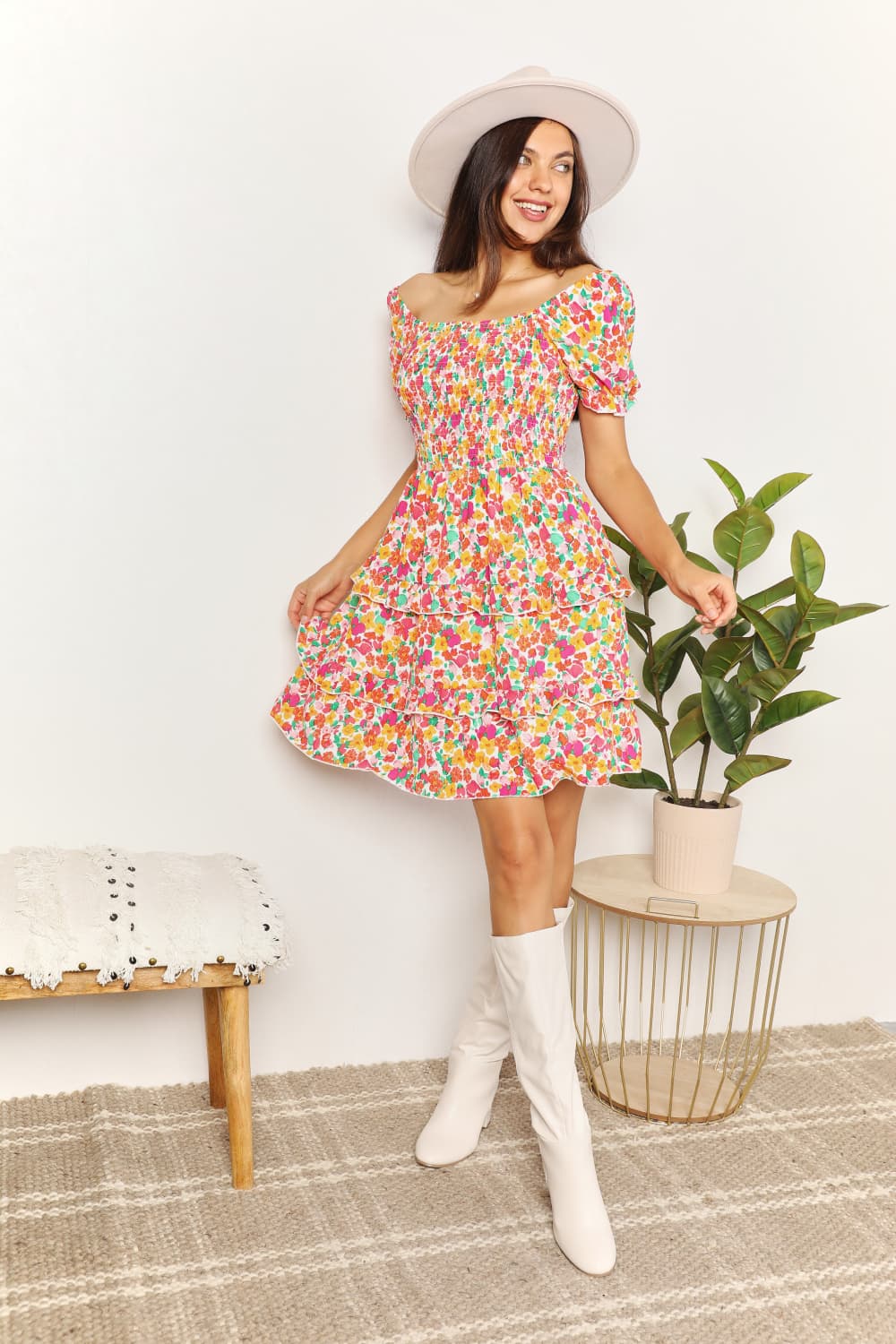 Smocked Sweetheart Neck Flounce Sleeve Mini Dress - Tigbul's Variety Fashion Shop