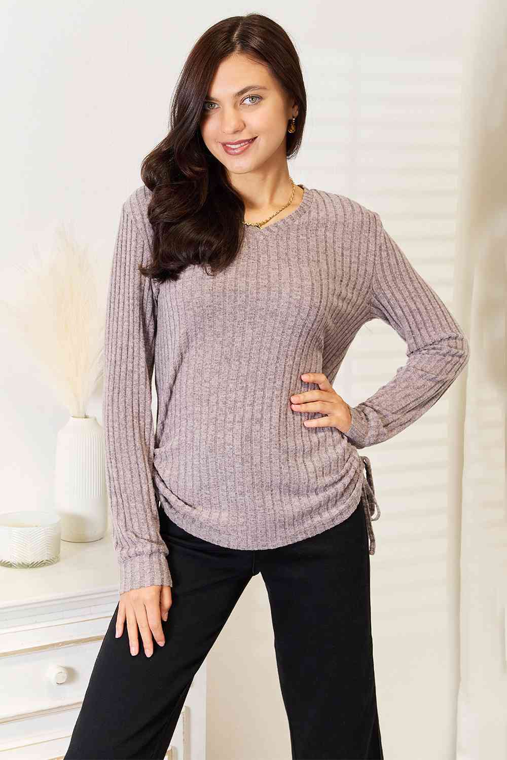 Double Take Drawstring Ribbed Long Sleeve T-Shirt - Tigbuls Variety Fashion