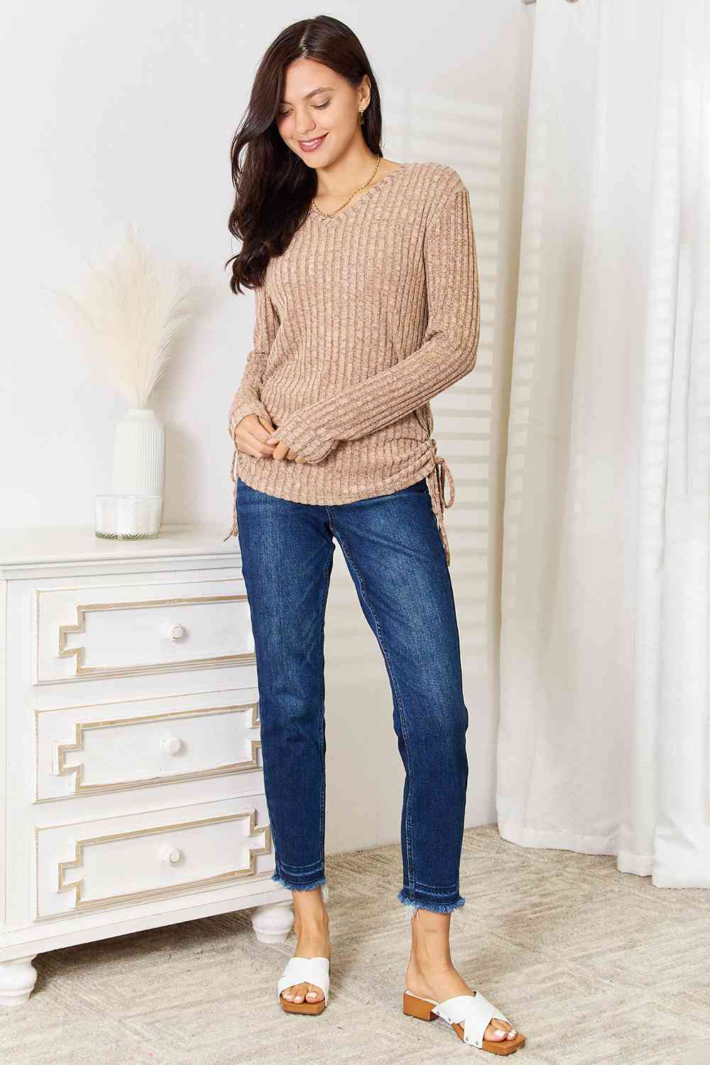 Double Take Drawstring Ribbed Long Sleeve T-Shirt - Tigbuls Variety Fashion