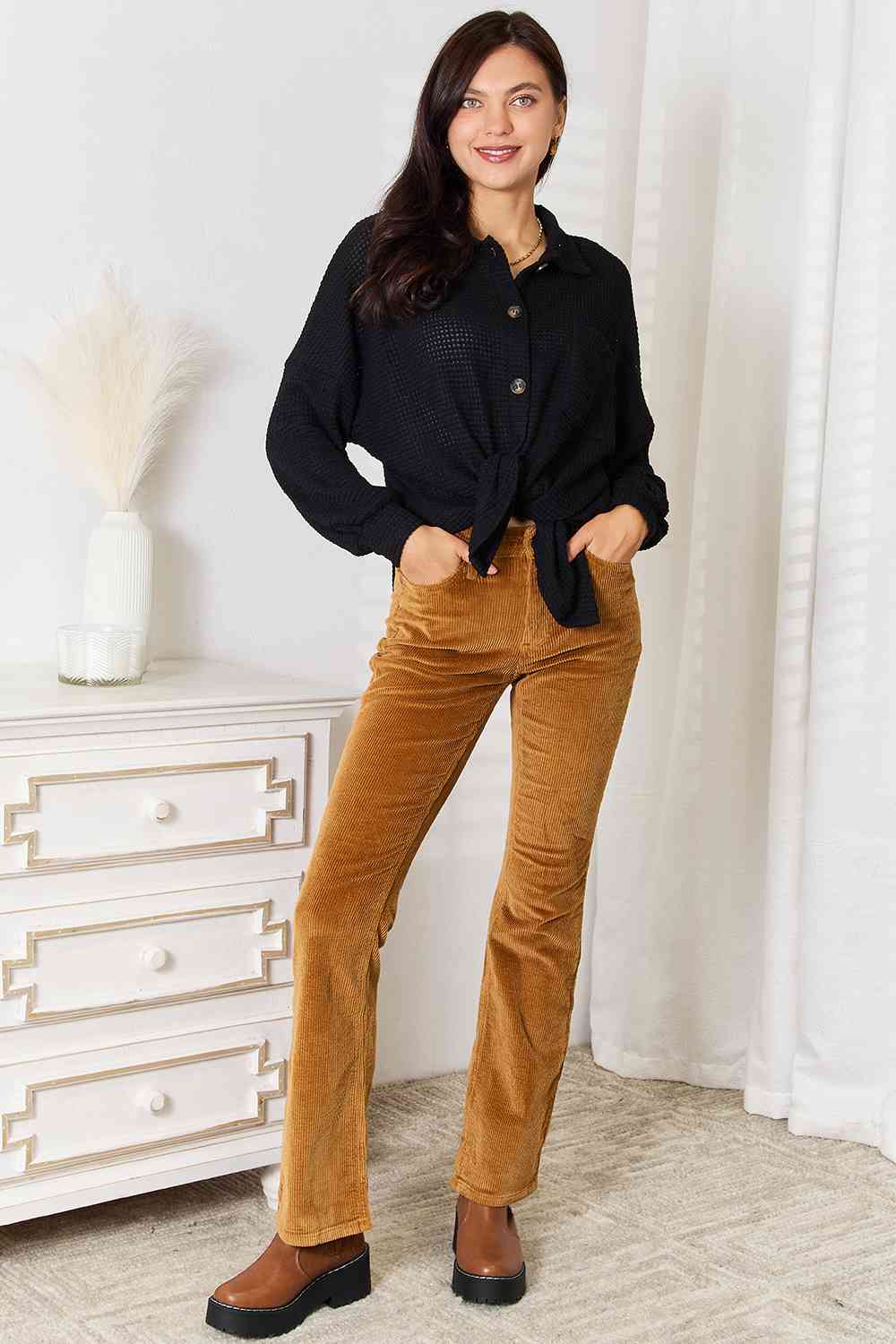 Double Take Waffle-Knit Collared Neck Dropped Shoulder Shirt - Tigbuls Variety Fashion