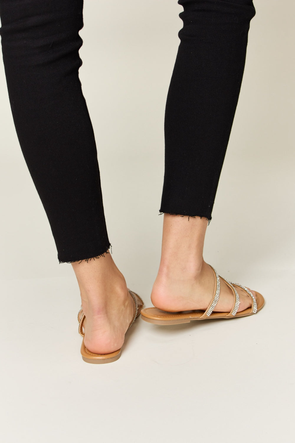 Tan Rhinestone Three-Strap Flat Sandals - Tigbul's Variety Fashion Shop