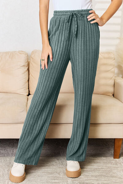 Basic Bae Full Size Ribbed Drawstring Hood Top and Straight Pants Set - Tigbuls Variety Fashion