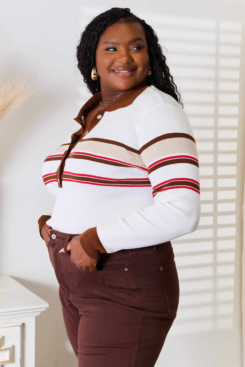 Basic Bae Striped Collared Neck Rib-Knit Top - Tigbuls Variety Fashion