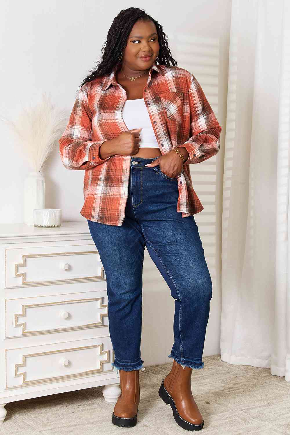 Double Take Plaid Collared Neck Long Sleeve Shirt - Tigbuls Variety Fashion