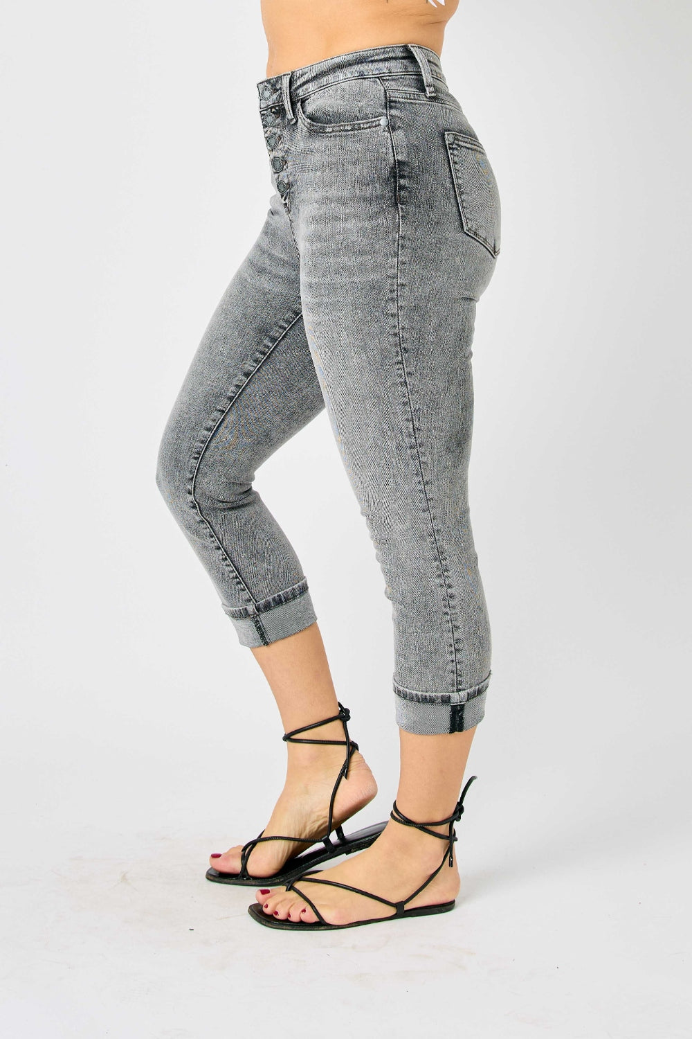 Judy Blue Full Run Size Button Fly High Waist Cuffed Capris - Tigbul's Variety Fashion Shop