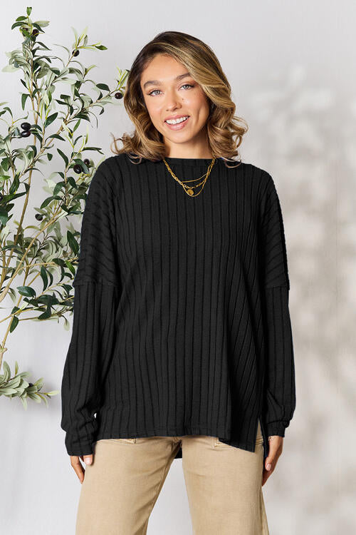 Ribbed Round Neck Long Sleeve T-Shirt - Tigbuls Variety Fashion