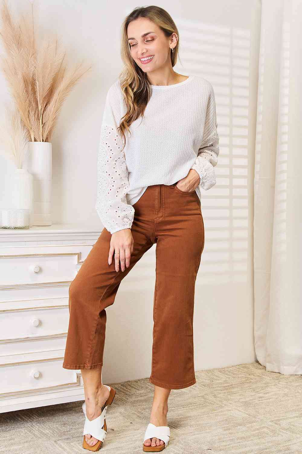 Double Take Eyelet Dropped Shoulder Round Neck Blouse - Tigbuls Variety Fashion