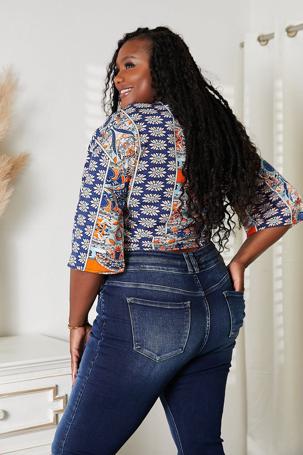 Double Take Tie Hem V-Neck Three-Quarter Sleeve Blouse - Tigbuls Fashion