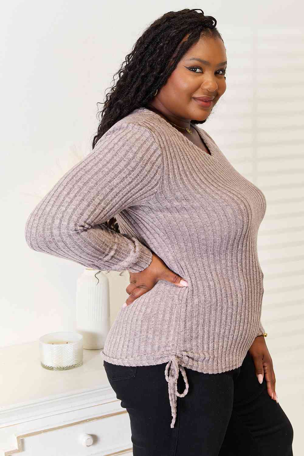 Double Take Drawstring Ribbed Long Sleeve T-Shirt - Tigbuls Variety Fashion