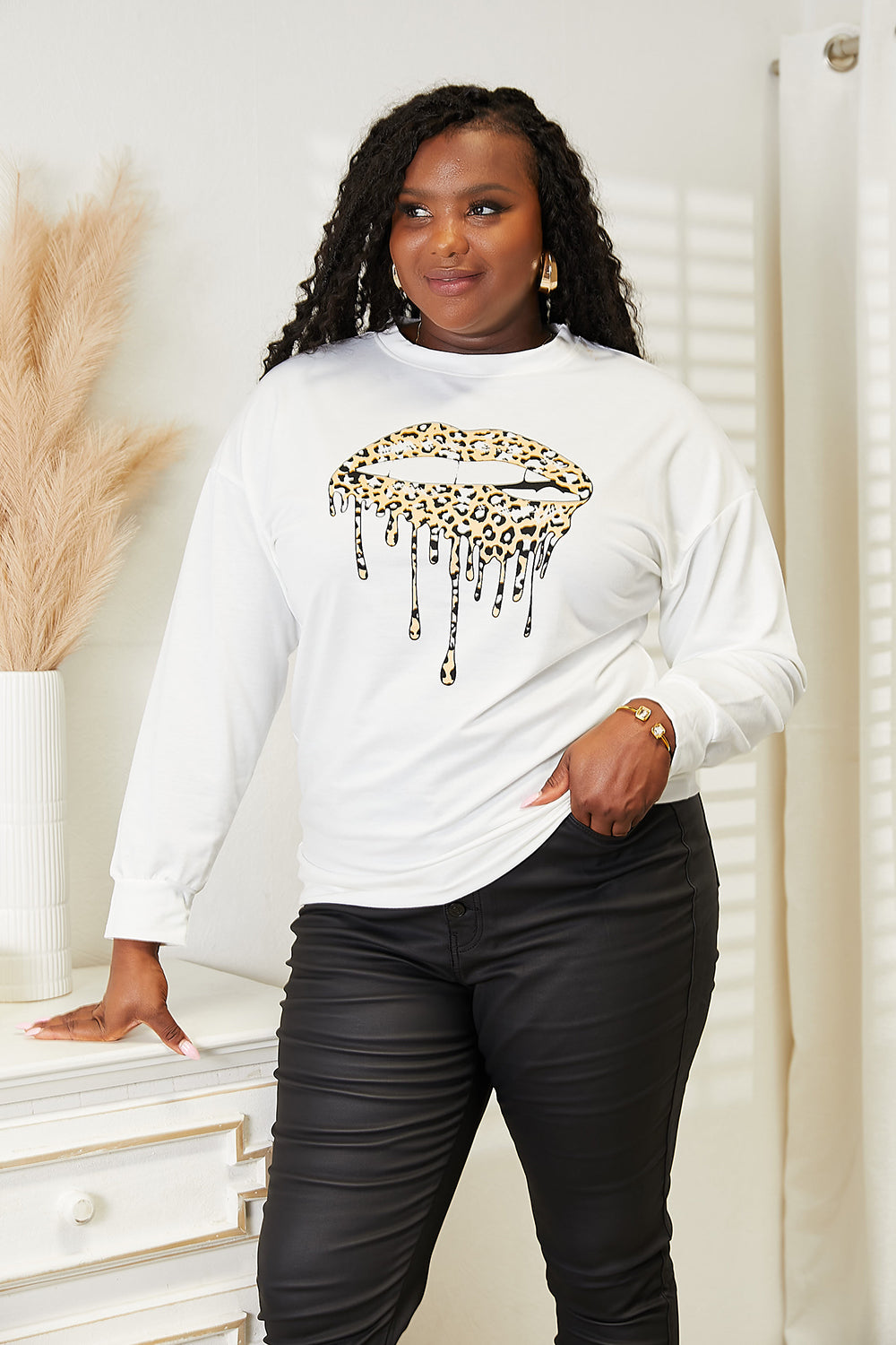 Double Take Graphic Dropped Shoulder Round Neck Sweatshirt - Tigbuls Fashion