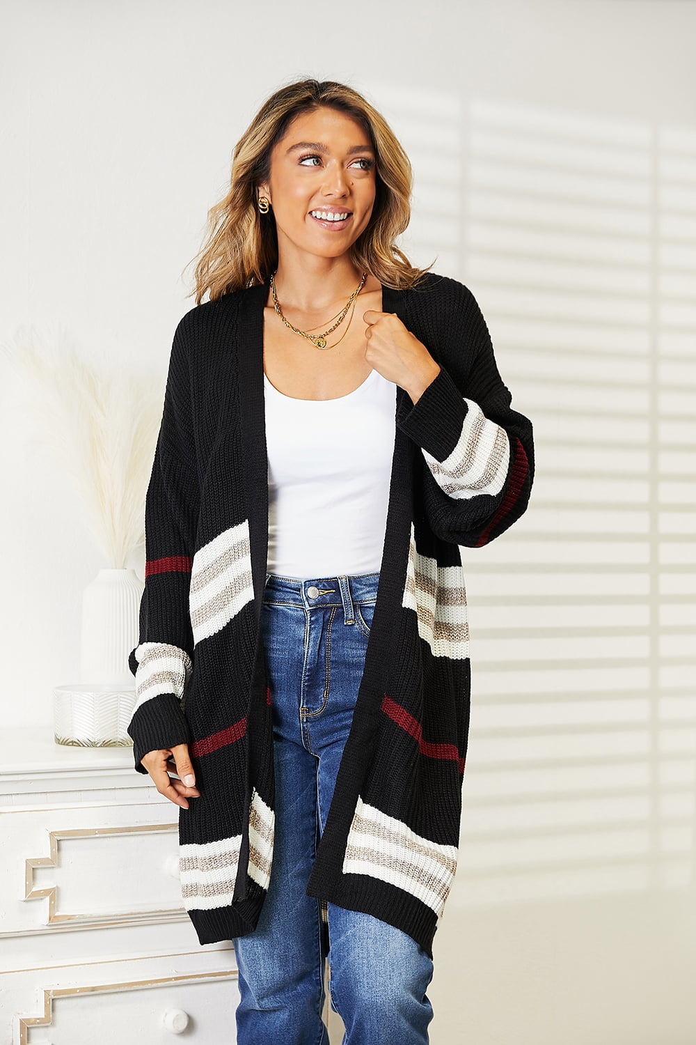 Double Take Striped Rib-Knit Drop Shoulder Open Front Cardigan - Tigbuls Variety Fashion