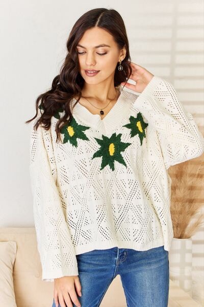 POL Floral Embroidered Pattern V-Neck Sweater - Tigbuls Variety Fashion