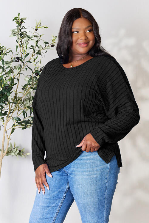 Ribbed Round Neck Long Sleeve T-Shirt - Tigbuls Variety Fashion