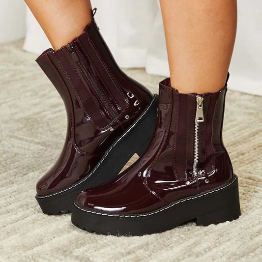 Shiny Burgundy Side Zip Platform Boots | Tigbuls Fashion