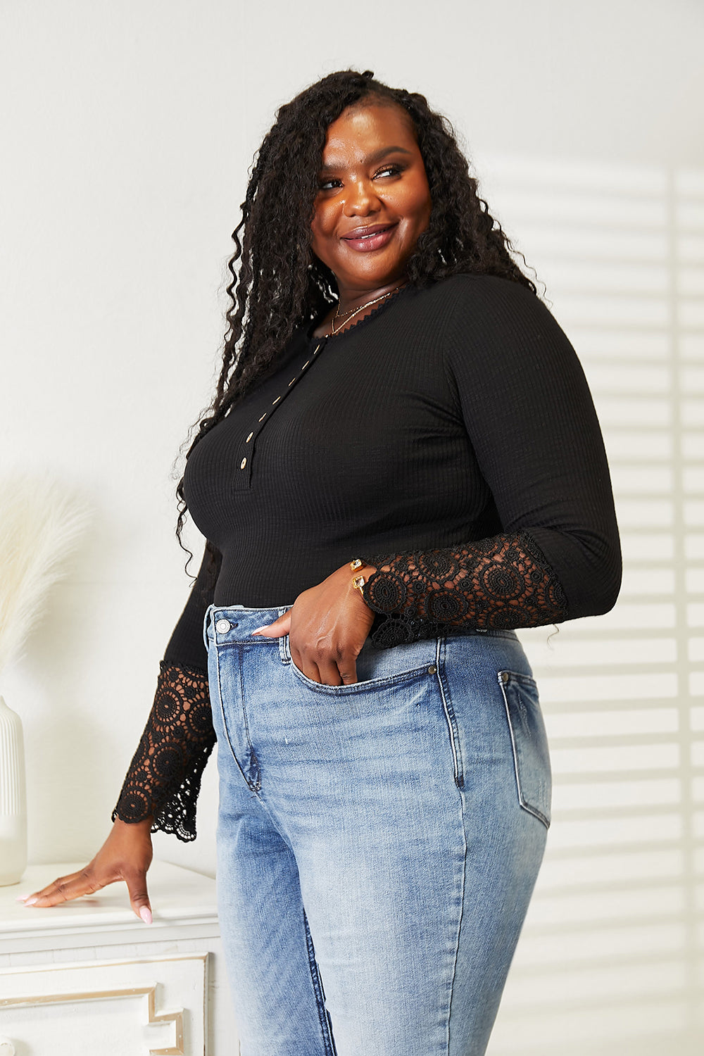 Double Take Crochet Lace Hem Sleeve Button Top - Tigbuls Variety Fashion