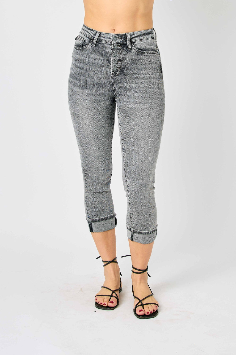 Judy Blue Full Run Size Button Fly High Waist Cuffed Capris - Tigbul's Variety Fashion Shop