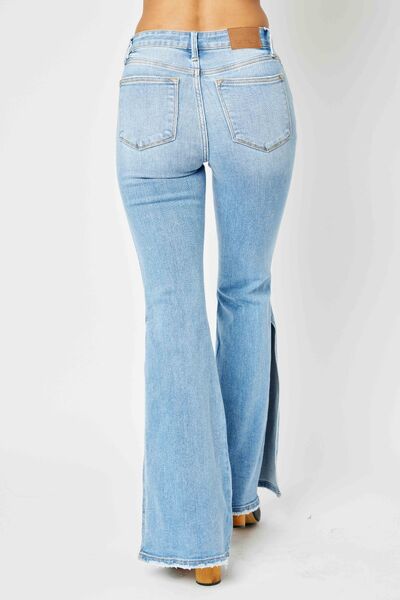 Judy Blue Mid Rise Raw Hem Slit Flare Jeans Up to 24W - Tigbul's Variety Fashion Shop