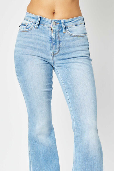 Judy Blue Mid Rise Raw Hem Slit Flare Jeans Up To 24W - Tigbuls Variety Fashion