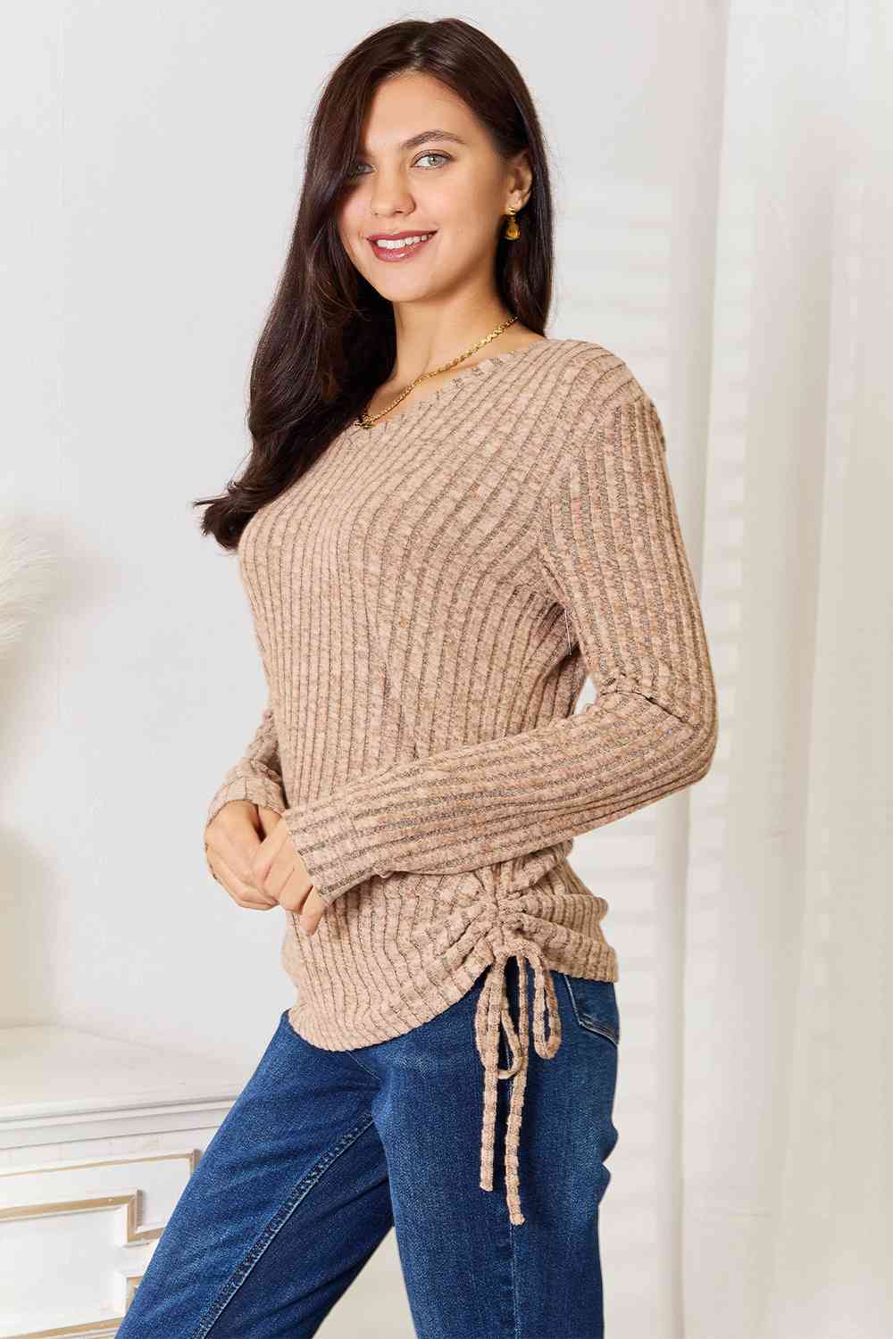 Double Take Drawstring Ribbed Long Sleeve T-Shirt - Tigbuls Variety Fashion