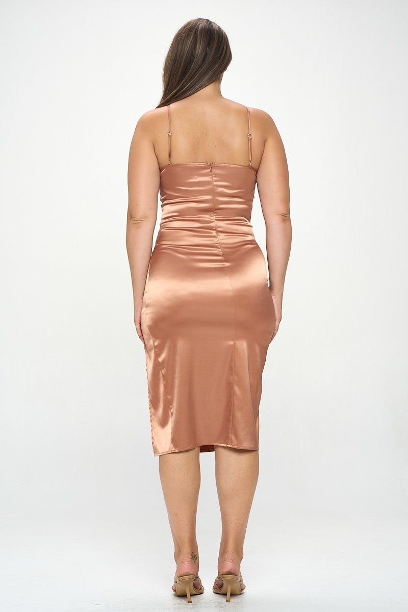 Plus Solid Satin Front Knot Bodycon Midi Dress - Tigbul's Variety Fashion Shop