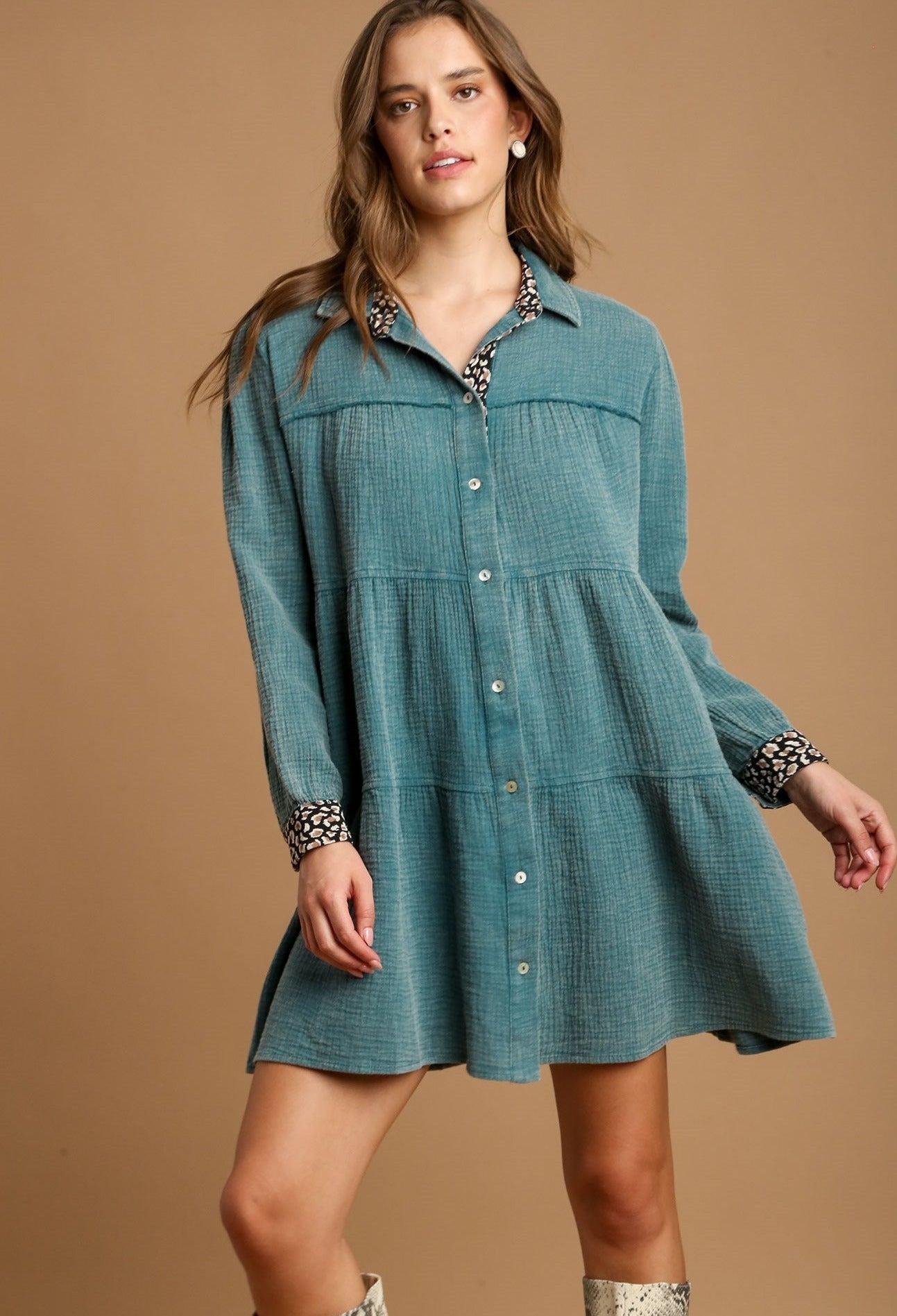 Teal Mineral Wash Cotton Gauze Tiered Dress - Tigbul's Variety Fashion Shop