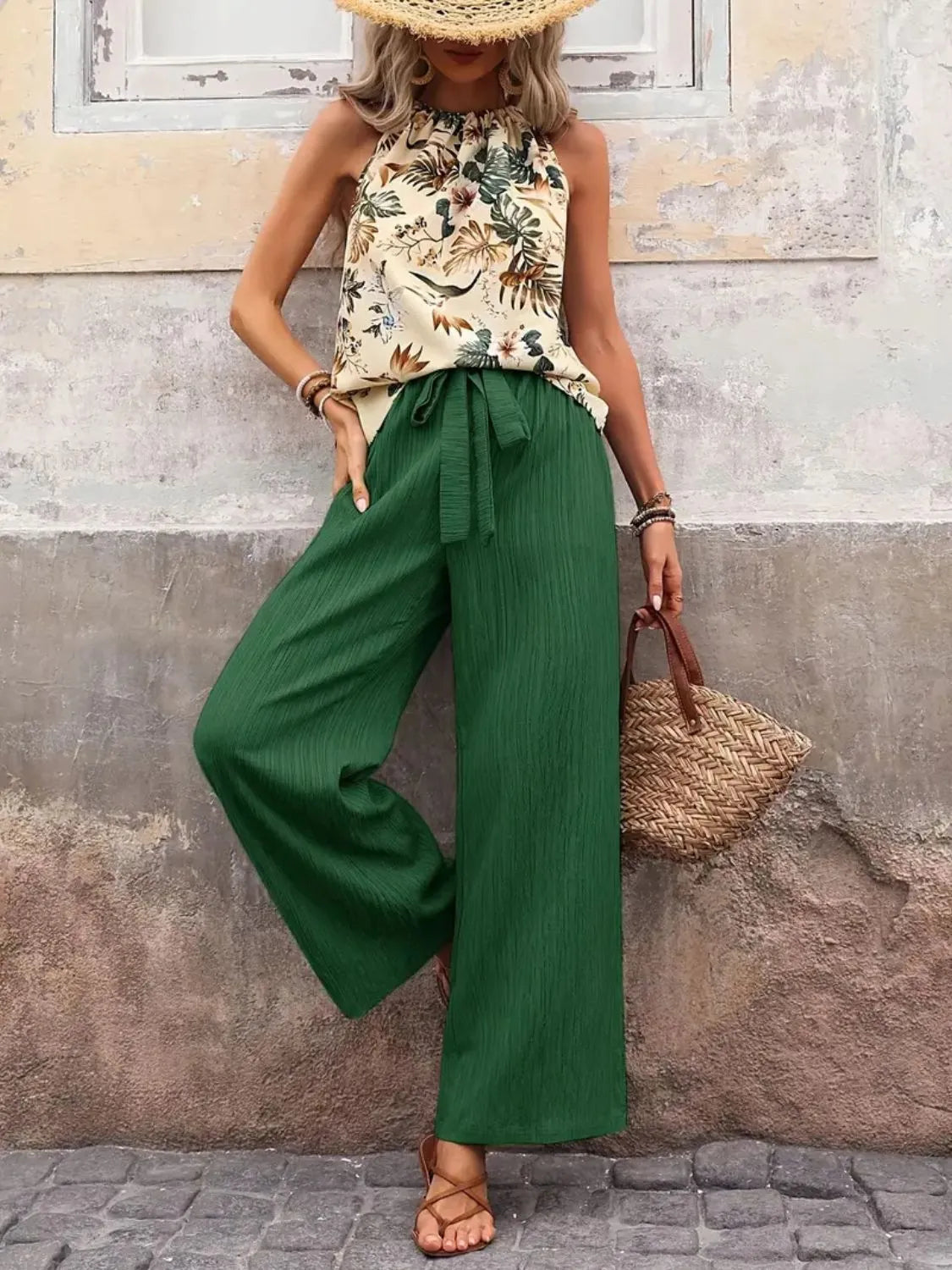 Printed Tank Top and Wide Leg Pants Set - Tigbul's Variety Fashion Shop