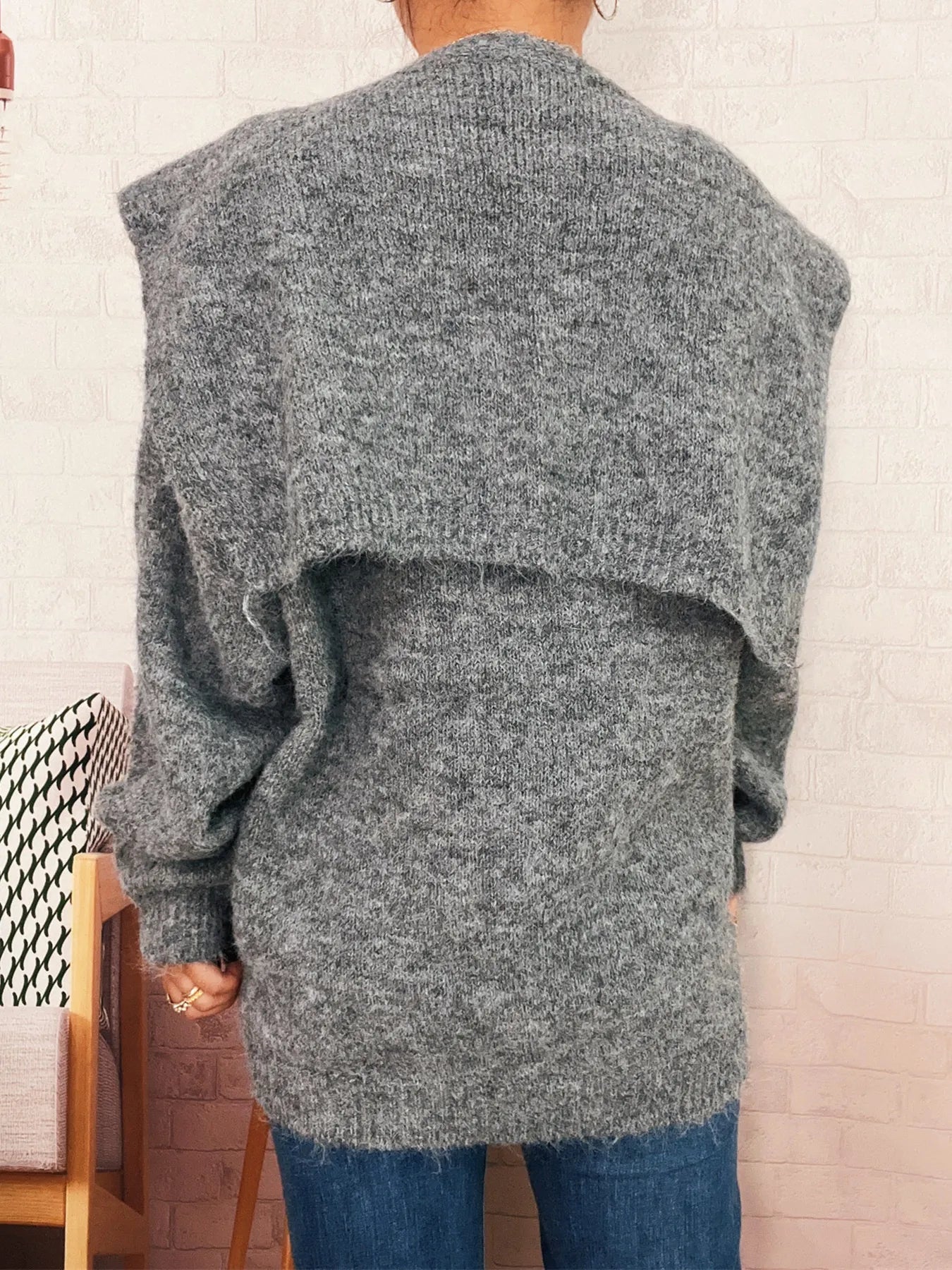 Ribbed Hem V-Neck Sweater with Shawl - Tigbul's Variety Fashion Shop