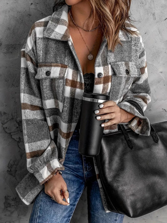 Oversized Plaid Flannel Shirt Jacket with Button Front - Tigbul's Variety Fashion Shop