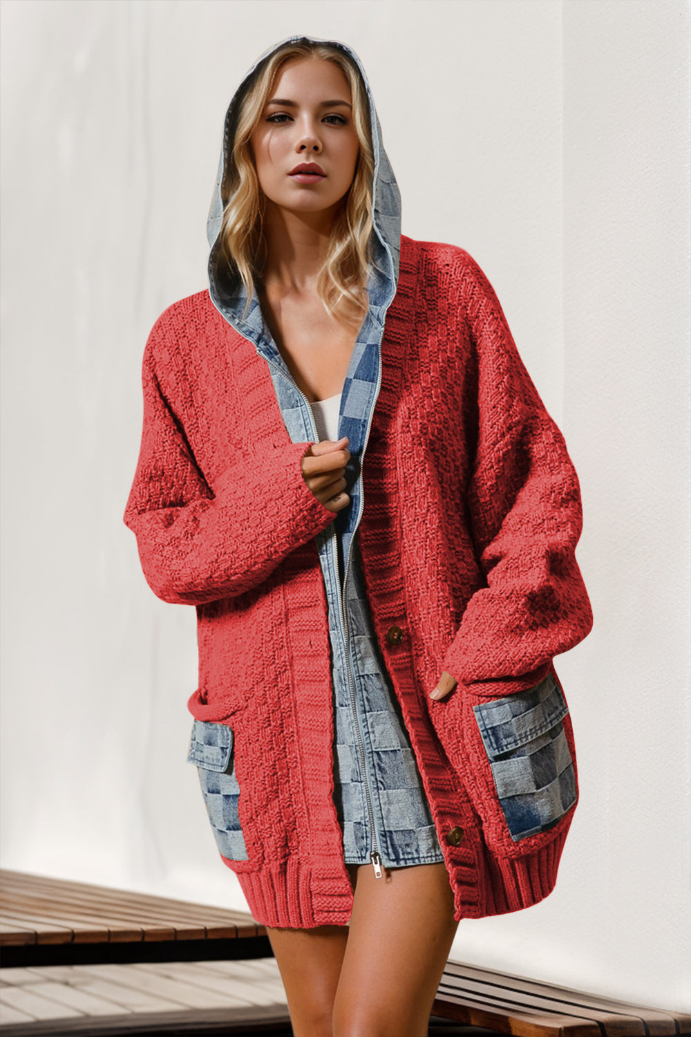 Double Take Full Size Hooded Denim Spliced Sweater Cardigan - Tigbul's Variety Fashion Shop