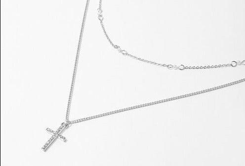 Rhinestone Cross Pendant Necklace Set, Silver Color 18" | Tigbuls