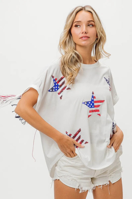 American Flag Sequin Star Fringe Top - Tigbul's Variety Fashion Shop