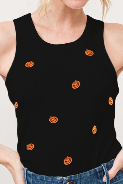 And The Why Jack O' Lantern Embroidered Ribbed Tank - Tigbul's Variety Fashion Shop