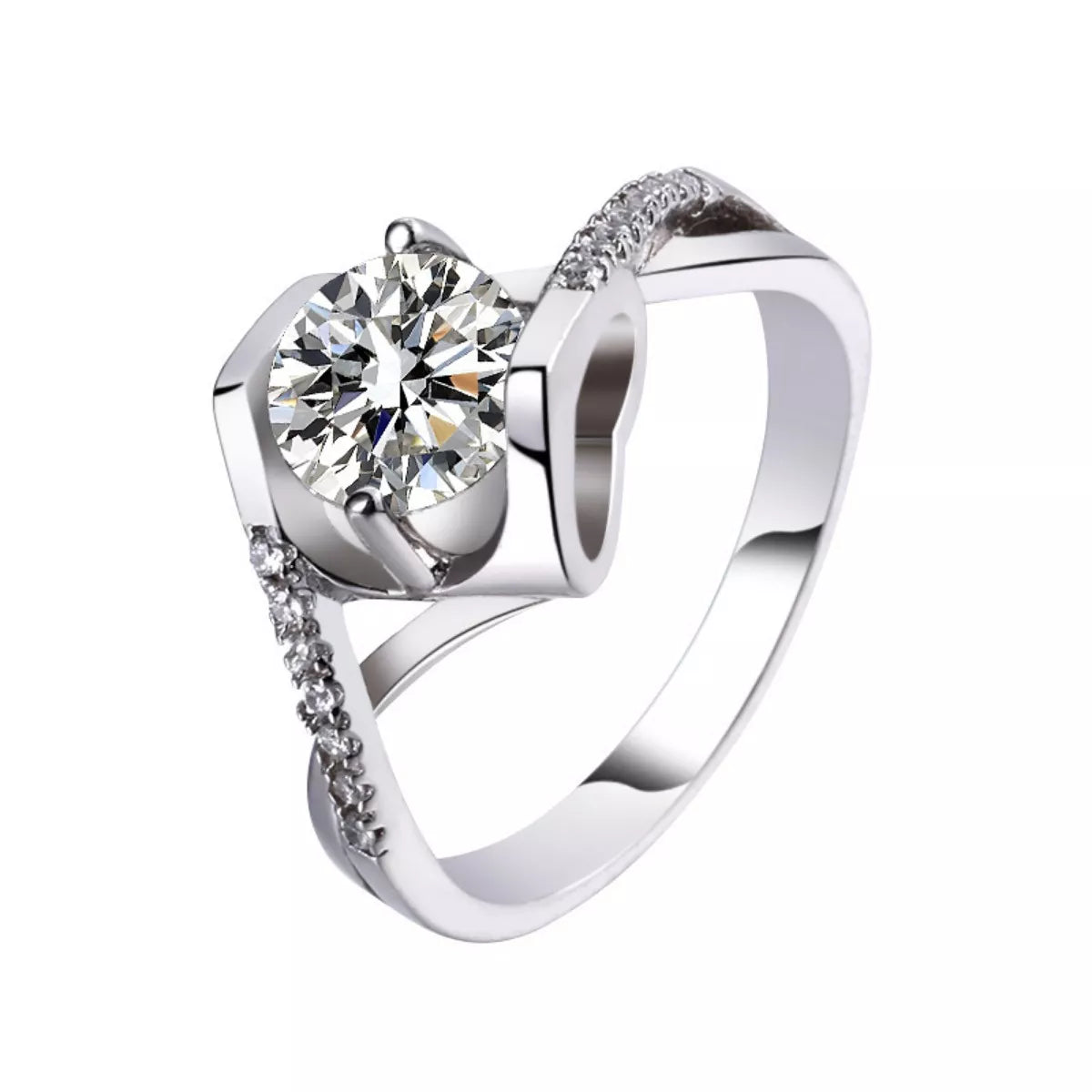 925 sterling silver moissanite ring showing round center stone and prong setting