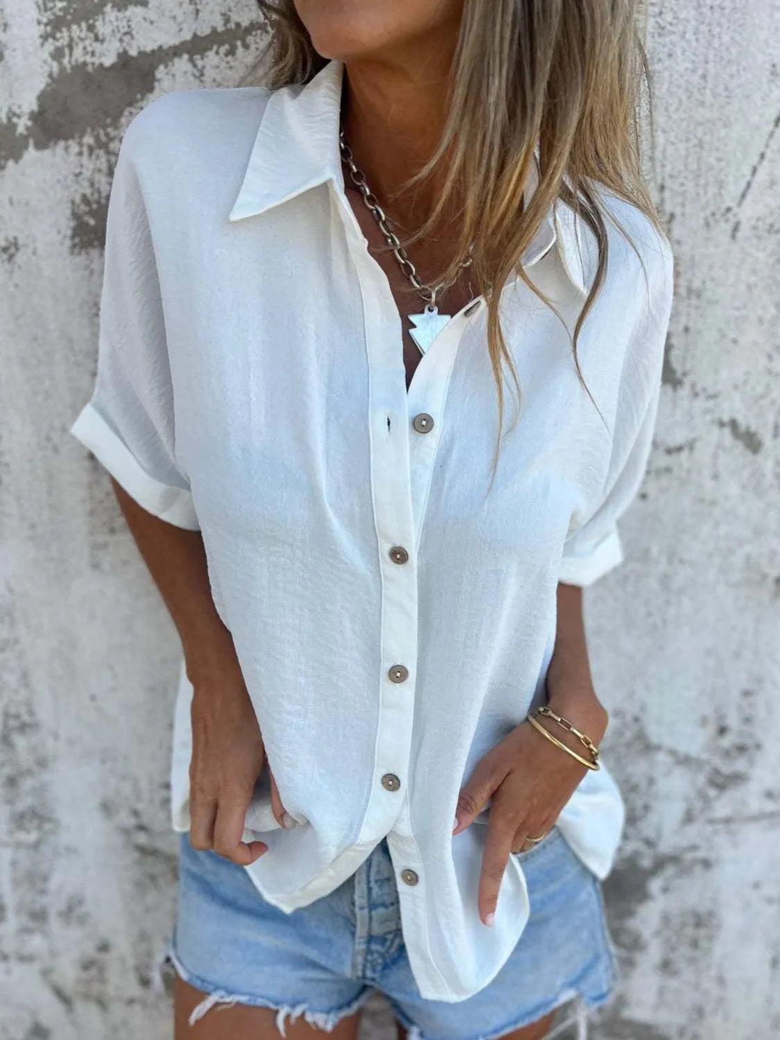 Full Size Collared Neck Half Sleeve Shirt - Tigbul's Variety Fashion Shop