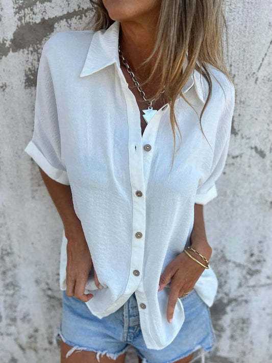 Full Size Collared Neck Half Sleeve Shirt - Tigbul's Variety Fashion Shop