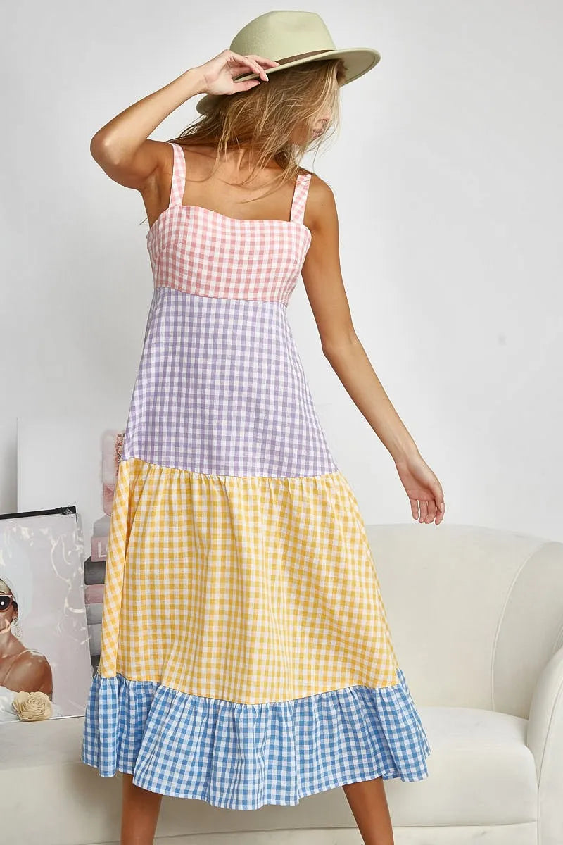 Color Block Tiered Gingham Dress - Tigbul's Variety Fashion Shop