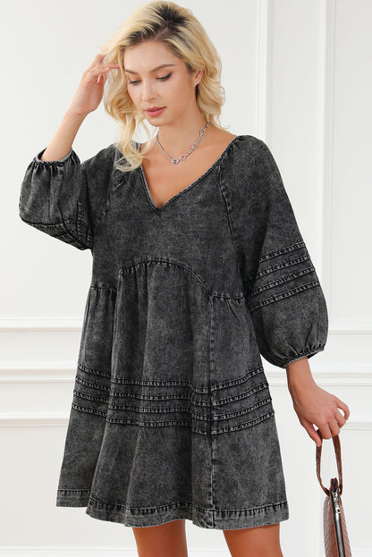 V-Neck Three Quarter Sleeve Denim Dress