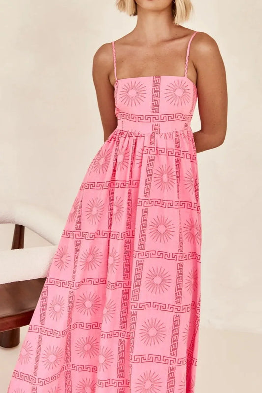Cutout Back Printed Square Neck Maxi Cami Dress - Tigbul's Variety Fashion Shop